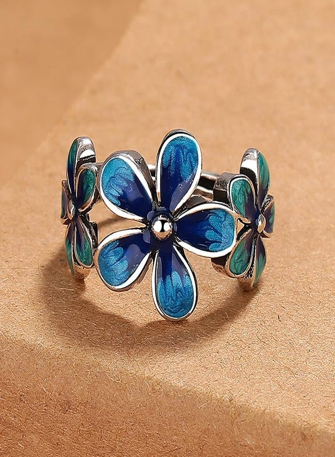 HAIXIAN Forget-Me-Not Flower Statement Ring, Silver Plated Enamel Band, Colorful Floral Design (Ring_A_blueblue, Adjustable) - Image 4